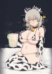 1girls bameong bikini breasts closed_eyes cow_bikini cow_ears cow_girl cow_horns cow_print cowbell cum cum_in_condom cum_in_container cum_in_glass ear_tag female female_only gokkun hi_res highres huge_breasts imminent_gokkun long_hair mature_female milf mother stray_pubic_hair used_condom uzaki-chan_wa_asobitai! uzaki_tsuki white_hair