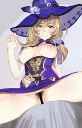 aruman genshin_impact lisa_(genshin_impact) spread_legs witch_hat