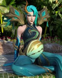 1girls 3d athletic_female blue_eyes blue_hair breasts dragonmancers_series female female_only huge_belly human kai'sa lagoon_dragon_kai'sa league_of_legends league_of_legends:_wild_rift light-skinned_female light_skin looking_at_viewer pool pregnant pregnant3dart ready_to_pop small_breasts solo