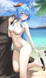 absurdres ahoge arm_support bangs beach bikini blue_hair blue_nails blue_sky blush breasts closed_mouth cloud commentary dolri female foot_up ganyu_(genshin_impact) genshin_impact goat_horns hair_between_eyes hand_up highres horns long_hair looking_at_viewer md5_mismatch medium_breasts nail_polish navel outdoors red_eyes revision rock sandals sidelocks sky solo standing standing_on_one_leg stomach swimsuit thighs very_long_hair white_bikini