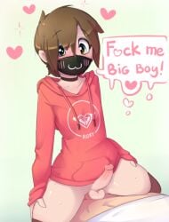 2boys anal anal_sex balls blush blush_lines bottomless brown_eyes brown_hair choker cute dialogue face_mask femboy gay girly heart hoodie hoodie_(artist) male/male male_only male_penetrating mask penis profanity riding riding_penis size_difference stockings text thighhighs