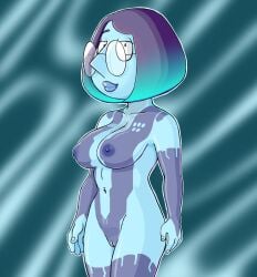 1girls 2d artificial_intelligence b-intend blue_hair blue_skin breasts cortana cosplay family_guy glasses halo_(series) lanhar_vids meg_griffin nude pussy