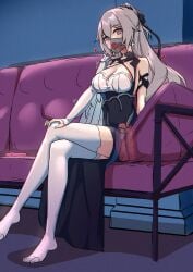 1girls anal anal_object_insertion ball_gag bangs black_dress breasts bronya_zaychik bronya_zaychik_(silverwing:_n-ex) couch crossed_legs dildo dildo_gag dildo_mask dildo_sitting dildo_under_clothes dildo_under_dress dress drill_hair earrings elbow_gloves feet female fingerless_gloves full_body gag gagged gagged_(willingly) gloves grey_eyes grey_hair hair_ornament heart heart-shaped_pupils highres honkai_(series) honkai_impact_3rd jewelry legs long_hair looking_at_viewer mask medium_breasts mouth_mask no_shoes object_insertion ponytail purple_eyes see-through sex_toy single_sleeve sitting sitting_on_dildo solo stealth_masturbation thighhighs toes twin_drills vaginal_object_insertion vaginal_penetration white_dress white_gloves white_sleeves yiduan_zhu