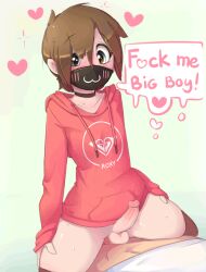 2boys anal anal_sex animated balls blush blush_lines bottomless brown_eyes brown_hair choker cute dialogue face_mask femboy gay girly heart hoodie hoodie_(artist) male/male male_only male_penetrating mask penis profanity riding riding_penis size_difference stockings text thighhighs