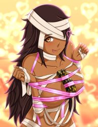 1girls bandage bandage_over_one_eye big_breasts black_hair breasts chocolate chocolate_on_breasts dark-skinned_female dark_skin frostworks looking_at_viewer monster monster_girl mummy mummy_girl navel nefertari_(quest_failed) one_eye_covered quest_failed tongue tongue_out valentine's_day