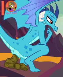 absurd_res anthro anus ass blue_body blue_scales crouching curved_horn dragon dragon_wings feces fingers friendship_is_magic half-closed_eyes hasbro hi_res horn moon_pearl my_little_pony narrowed_eyes princess_ember_(mlp) red_eyes scales scalie scat shitting smile spikes succubi_samus western_dragon wings