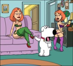 2d ass_cleavage bra breasts breasts_out brian_griffin butt_crack canine commission diklonius family_guy green_bra high_heels huge_breasts lindsey_(family_guy) lingerie lois_griffin male nipples panties purple_bra purple_panties red_hair short_hair stockings thick_thighs voluptuous