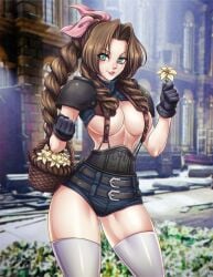 1girls aerith_gainsborough big_breasts female female_only final_fantasy final_fantasy_vii final_fantasy_vii_remake light-skinned_female shaiyano solo square_enix thick_thighs thighhighs underboob