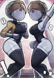 2girls atomic_heart big_breasts female female_only grey_body grey_skin large_breasts left_(atomic_heart) leotard looking_at_viewer no_face right_(atomic_heart) robot robot_girl the_twins_(atomic_heart) thick_thighs thighs tony_welt wide_hips