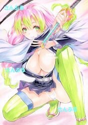 bangs big_breasts braided_hair cleavage crouching demon_slayer female female_only green_eyes haori kanroji_mitsuri kimetsu_no_yaiba long_hair miniskirt mole_under_eye no_bra open_shirt pink_hair revealing_clothes smile solo sword thighhighs thong traditional_media_(artwork) two_tone_hair uniform upskirt weapon yqgkg