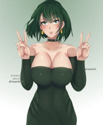 1girls artist_name bare_shoulders big_breasts blush bob_cut breast_press breasts busty choker cleavage clothed clothing collarbone covered_navel covered_nipples curvaceous curvy curvy_female curvy_figure cute dark_green_hair dress earrings esper eye_contact eyelashes female female_focus female_only front_view fubuki_(one-punch_man) green_dress green_eyes green_hair hands_up heroine hips jewelry large_breasts light-skinned_female light_skin lips lipstick long_sleeves looking_at_viewer medium_hair midriff one-punch_man peace_sign pink_lips pink_lipstick psychic short_hair sleeves slim slim_waist smile smiling smiling_at_viewer smirk solo solo_female solo_focus strapless strapless_dress takeshi61_(artist) thin_waist topwear voluptuous waist wide_hips