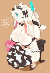 1girls anthro aqua_eyes big_breasts breasts buta99 caprine cow_print cow_print_thighhighs female female_only fur furry furry_only hooves horizontal_pupils horns ice_cream kneeling light_blush long_hair looking_at_viewer maid_bikini maid_headdress neck_ribbon popsicle sheep sheep_ears sheep_horns smiling_at_viewer solo solo_female thick_thighs thighhighs tied_hair vanilla_(buta99) very_high_resolution white_fur white_hair wink winking_at_viewer wrist_cuffs