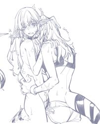 2girls back_tattoo biting biting_clothes black_choker black_sports_bra breasts choker claws dragon_girl dragon_tail finana_ryugu fish_girl head_fins head_wings heart heart-shaped_pupils highres long_hair medium_hair moaning monochrome multiple_girls navel neck_tattoo nijisanji nijisanji_en pubic_tattoo pussy scar selen_tatsuki sex shorts small_breasts sports_bra symbol-shaped_pupils tail tailjob tattoo virtual_youtuber wristband yuri zhuotian