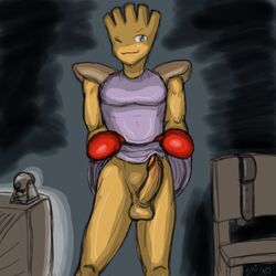 anthro boxing_gloves color dress_lift front_view gloves hitmonchan male male_only penis pokemon pokemon_(species) sketch solo standing tagme tan_skin wink