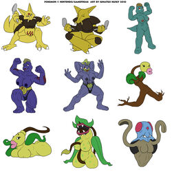 9girls alakazam anthro anthro_only bellsprout breasts fangs female flexing huge_breasts ignatius_husky jellyfish kadabra kneeling machamp machoke machop multi_arm multi_breast multi_limb multiple_girls muscles muscular muscular_female nintendo nipples no_nipples nude plant pokemon pokemon_(species) pussy ribs smooth_skin spread_legs tail tentacool text victreebel vines weepinbell white_background