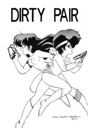 1980s 1987 2girls boots breasts curvaceous dirty_pair female gloves greyscale gun headband human kei_(dirty_pair) ken_yagami large_breasts long_hair monochrome multiple_girls nipples short_hair straight_hair tagme tomboy yuri_(dirty_pair)