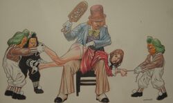 1girls 4boys bondage brown_hair charlie_and_the_chocolate_factory green_hair oompa_loompa orange_skin paddle spanking tagme top_hat veruca_salt willy_wonka willy_wonka_and_the_chocolate_factory