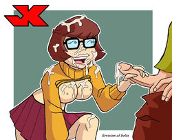 breasts brown_hair clothing cum female hanna-barbera helix holding_penis human jk male mystery_inc nipples pale_skin penis scooby-doo shaggy_rogers short_hair straight tagme uncensored velma_dinkley