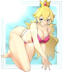 1340smile 1girls all_fours alternate_breast_size bikini blonde_hair blue_eyes breasts bubble_butt cleavage female female_only huge_breasts long_hair mario_(series) nintendo pink_bikini princess_peach solo solo_female solo_focus swimsuit thick_thighs white_border