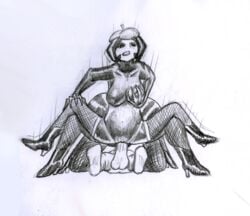 1boy 1girls breasts human interspecies james_and_the_giant_peach larger_female miss_spider monochrome penis pussy sex size_difference sketch smaller_male source_request spider