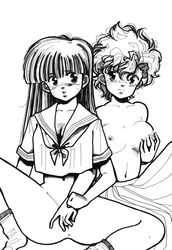 1980s 1987 20th_century 2girls breasts dirty_pair female greyscale headband human johnny_(studio_rippu) kei_(dirty_pair) large_breasts long_hair monochrome multiple_girls nipples pussy school_uniform short_hair skirt straight_hair tagme tomboy yuri_(dirty_pair)