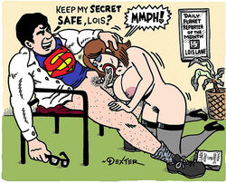 bottomless brown_hair clark_kent dc dexter_cockburn dialogue fellatio high_heel_boots high_heels large_breasts large_penis lois_lane nipples pubic_hair speech_bubble straight superman superman_(series) teeth text thighhighs