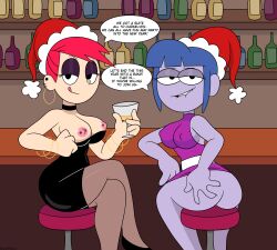 2girls alternate_version_available big_breasts big_city_greens biting_lip blue_hair bracelet clothed clothing crossover dress dress_down dress_lift dress_pull earrings english_text exposed_breasts female female_focus female_only foster's_home_for_imaginary_friends frankie_foster gloria_sato inviting inviting_to_sex licking licking_lips light-skinned_female light_skin looking_at_viewer looking_back multiple_girls nipple_piercing nipples purple_skin red_hair santa_hat seductive seductive_smile sitting sournack speech_bubble talking_to_viewer tube_dress young younger_female