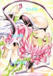 arched_back bent_over big_breasts braided_hair butt_crack cleavage demon_slayer female female_only green_eyes haori kanroji_mitsuri kimetsu_no_yaiba long_hair no_bra open_shirt pink_hair smile solo sword thighhighs thong traditional_media_(artwork) two_tone_hair uniform weapon yqgkg