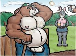 alanottaviano anthro balls belly bonnie_hopps clothing disney duo farmer female hi_res lagomorph leporid male male/female male_nipples mammal musclegut muscular muscular_male overweight penis rabbit slightly_chubby stu_hopps testicles underwear working zootopia