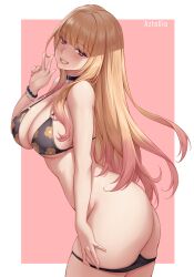 1girls 2022 artist_signature ass azto_dio bikini bikini_bottom_down black_bikini blonde_hair breasts female female_only flower_pattern grin gyaru hips huge_breasts kitagawa_marin large_ass long_hair naughty_face peace_sign red_eyes slim_waist smile sono_bisque_doll_wa_koi_wo_suru suggestive_look thick_thighs thighs wide_hips