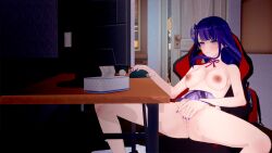 1boy 1girls 3d 3d_(artwork) aether_(genshin_impact) being_watched breasts computer female genshin_impact koikatsu long_hair male masturbation mihoyo naked purple_hair raiden_shogun solo_focus voyeur voyeurism watching watching_porn