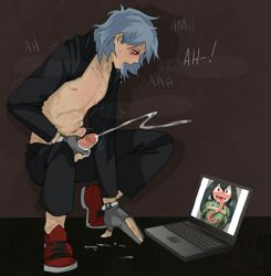 1boy asui_tsuyu asui_tsuyu_(hero_outfit) cum female laptop male_focus masturbation my_hero_academia prehensile_tongue shigaraki_tomura tomura_shigaraki tsuyu_asui watching watching_porn