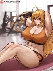 1girls 2022 abs ahoge batako blonde_hair breasts female female_only gym gym_clothes hi_res hips huge_breasts long_hair muscular muscular_female purple_eyes rwby six_pack slim_waist solo sportswear thick_thighs thighs wide_hips working_out yang_xiao_long