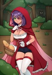 1girls bandage big_breasts bread breasts bush claire_(quest_failed) cloak cosplay eyebrows_visible_through_hair frostworks gloves grass green_eyes hood outdoors outside pink_cloak purple_hair quest_failed red_hood scar scar_across_eye scar_on_face thick_thighs tree white_gloves white_legwear wolf