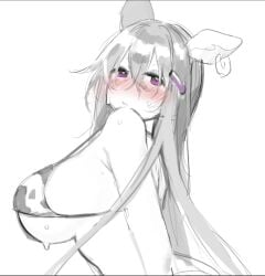 blush cow_bra cow_ears cow_print cute doki_doki_literature_club flustered looking_at_viewer purple_eyes purple_hairclip sketch sweating yuri_(doki_doki_literature_club)