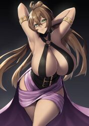 1girls armbands armlet armpits belt breasts brown_hair commission female glasses green_eyes hands_behind_head huge_breasts long_hair no_bra o-ring original packge ponytail solo thick_thighs very_long_hair wide_hips