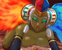 breasts cowgirl_position faceless_male female_on_top femdom gerudo kiss_mark kotake koume link lipstick lipstick_mark lipstick_on_cheek makeup male_on_bottom malesub naked ocarina_of_time puckered_lips red_lipstick saliva saliva_trail sweat the_legend_of_zelda twinrova twintails unseen_male_face witch