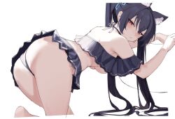 abydos_high_school_student animal_ear_fluff animal_ears aqua_ribbon ass back bangs bare_shoulders barefoot bent_over bikini black_hair blue_archive blue_bikini blue_swimsuit blush border breasts cat_ears closed_mouth female foreclosure_task_force_(blue_archive) frown hair_between_eyes hair_ribbon halterneck highres long_hair looking_at_viewer mr._zhuo red_eyes ribbon serika_(blue_archive) serika_(swimsuit)_(blue_archive) simple_background sketch solo sweat swimsuit thighs twintails underboob very_long_hair white_background white_border