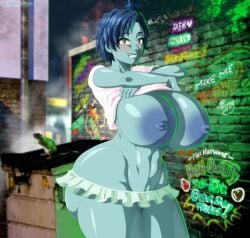 1girls almost_naked alternate_breast_size alternate_version_available apple_butt awata_kaoruko big_areolae big_breasts big_butt big_hips blue_hair blue_skin blushed blushing blushing_at_viewer boku_no_hero_academia bubble_girl cyan_skirt detailed_background ero-enzo green_eyes huge_areolae huge_breasts huge_butt huge_thighs kaoruko_awata muscular muscular_female my_hero_academia rtenzo shirt_lift shirt_pull shirt_up stripping tagme tiny_skirt tiny_waist white_shirt wide_hips