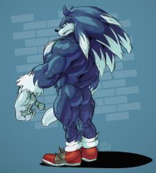 anthro ass barazoku big_hands big_penis blue_body blue_fur bodily_fluids claws clothing eulipotyphlan footwear fur genitals hedgehog hi_res kazushi looking_at_viewer looking_back looking_back_at_viewer male male_only mammal muscular penis sega solo sonic_(series) sonic_the_hedgehog sonic_the_hedgehog_(series) sonic_the_werehog sonic_unleashed sweat were wereeulipotyphlan werehog