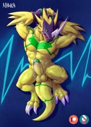 1boy abs anthro armor balls bandai_namco bodily_fluids bulkmon digimon digimon_(species) erection genital_fluids genitals headgear helmet hi_res male male_only monster muscular muscular_anthro muscular_male nawka nude pecs penis precum scalie solo yellow_body