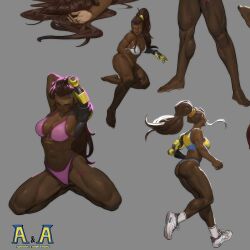 1girls abs arms_behind_head ass big_ass bikini bra breasts brown_hair cybernetics dark-skinned_female dark_skin dat_ass english_text female female_only fit fit_female footwear grey_background human kneeling large_breasts long_hair long_ponytail looking_to_the_side midriff muscles muscular_female muscular_thighs navel nesskain original_character pink_bikini ponytail robotic_arm running running_shoes scrunchie shoes simple_background socks solo sonia_adesina text thick_thighs tied_hair very_long_hair white_bra