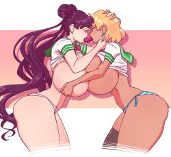 2022 2girls alternate_color ami_mizuno ass bishoujo_senshi_sailor_moon black_hair blonde_hair breast_grab breasts breasts_bigger_than_head brunette cleavage clothing color dark-skinned_female dark_skin duo earrings female female_only gigantic_breasts huge_breasts kissing large_breasts long_hair n647 panties side_view sideboob symmetrical_docking thick_thighs tongue_kiss tongue_out usagi_tsukino yuri