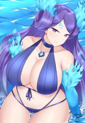 1girls 2022 absurd_res alternate_breast_size artist_logo artist_signature big_breasts bikini blue_bikini blue_hair breasts brighid_(xenoblade) female female_only flaming_arms flaming_hair hips huge_breasts kaos_art large_breasts long_hair looking_at_viewer nintendo purple_eyes slim_waist smile thick_thighs thighs twin_buns water wide_hips xenoblade_(series) xenoblade_chronicles_2