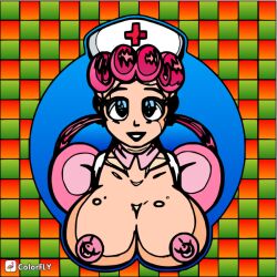 1girls big_breasts blue_eyes nintendo nipples nurse_cap nurse_joy pink_hair pokemon sassypauline tagme