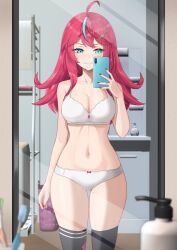 1girls ahoge bathroom big_breasts blue_eyes blush bra breasts cleavage elaine_(kometa_virtual_live) female hi_res kometa_virtual_live lazycoffee mirror mirror_selfie navel panties phone red_hair selfie smartphone smile taking_picture thick_thighs thighhighs toothbrush underwear virtual_youtuber wide_hips