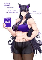 abs absurdres black_hair book double_bun english_text fate/grand_order fate_(series) female hair_bun hand_on_hip highres holding holding_book long_hair looking_at_viewer murasaki_shikibu_(fate) muscular muscular_female purple_eyes ryo_(ryo_artys) shorts solo sports_bra sportswear white_background