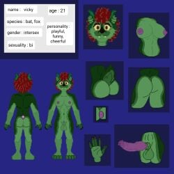 1:1 2022 anthro ass breasts english_text erection fur futanari genital_markings genitals green_body green_fur hair hi_res humanoid hybrid intersex mammal markings model_sheet nipples nude penis red_hair solo text vicky_(character) zotfood03