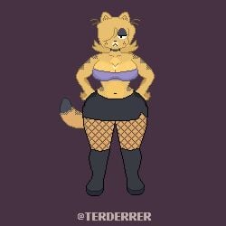 akimbo black_boots cat_ears cat_tail catgirl cleavage disappointed eyeshadow female fishnet_stockings freckles furry garfield_(series) gothfield hair_covering_eye hair_over_one_eye hands_on_hips microskirt orange_fur pixel_art rule_63 solo terderrer