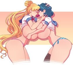 2022 2girls ami_mizuno ass bishoujo_senshi_sailor_moon black_hair blonde_hair breast_grab breasts breasts_bigger_than_head cleavage clothing color duo earrings female female_only french_kiss gigantic_breasts huge_breasts kissing large_breasts long_hair n647 panties side_view sideboob symmetrical_docking thick_thighs tongue_kiss tongue_out tongue_to_tongue usagi_tsukino yuri